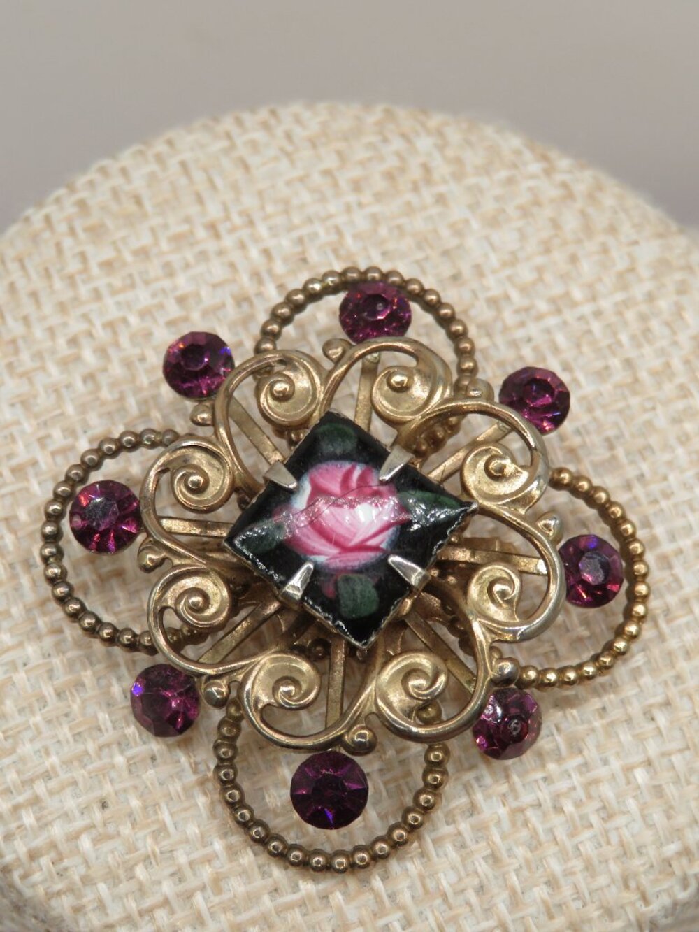 Vintage Floral Guilloche Enamel Purple Rhinestone Accent Gold Tone Brooch